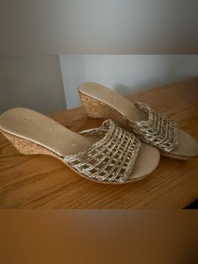 Italian Shoemakers Metallic Gold Woven Cork Wedge Mules